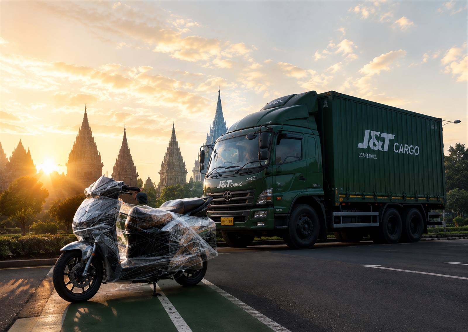 Truk J&T Cargo dan motor terbungkus siap kirim, latar Candi Prambanan Yogyakarta